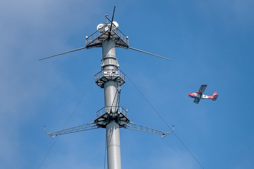 The aircraft carrying a downward-looking hyperspectral imager passing the CINDI-3 site in Cabauw, while performing an upward spiral. Picture credit: Arnoud Apituley